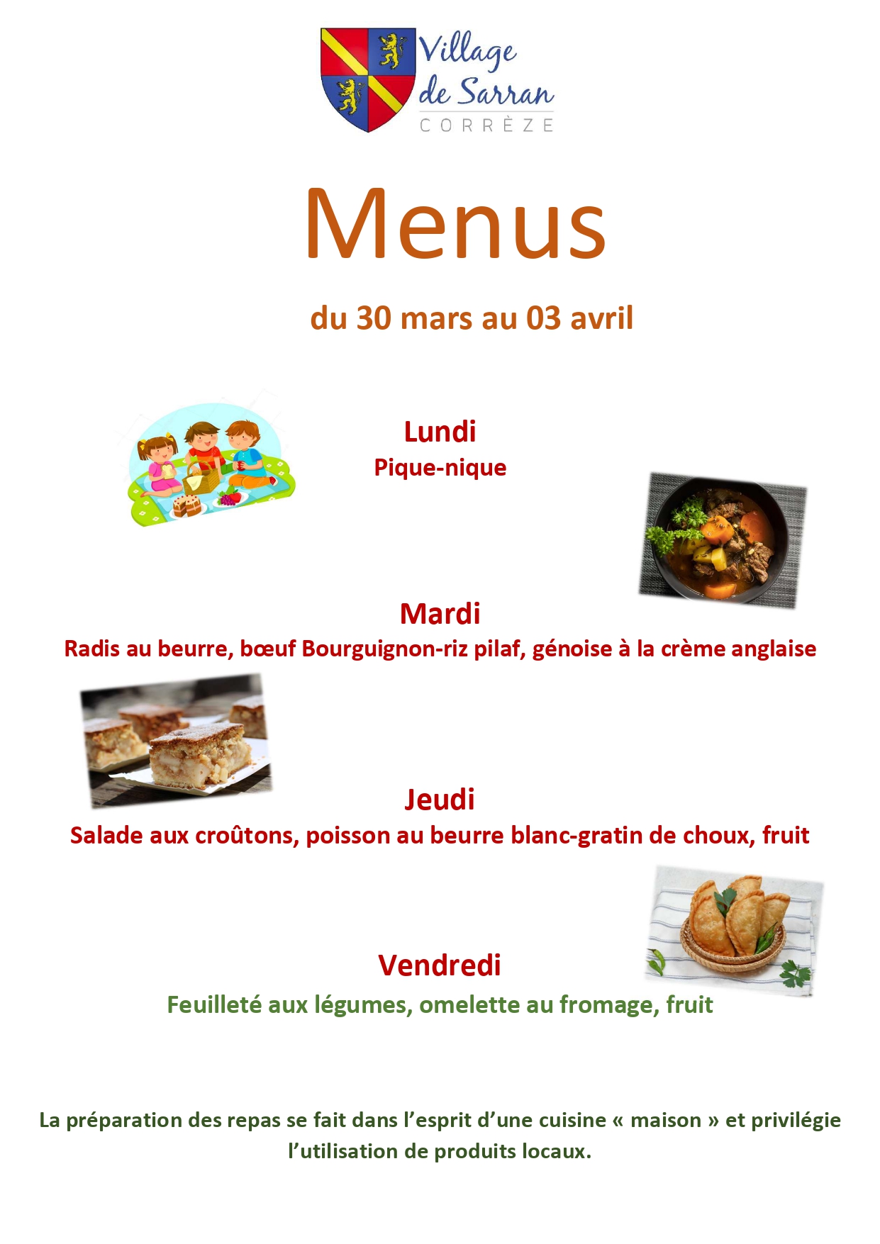 Menus du 30 mars au 3 avril 2026