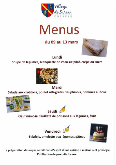 Menus du 9 au 13 mars 2026